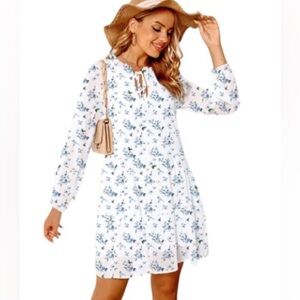 NWOT CBOO Women Floral Print A-Line Hem Long Lantern Puff Sleeve Mini Dress